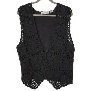 Vintage 90s Jessica‎ Roberts Crochet Knit Vest Medium Sleeveless Black Boho